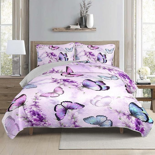 Lavender Purple Butterfly Quilts Bedding Twin 3Pcs Colorful Butterfly Pattern Quilt Bed Set Aesthetics Butterflies Lightweight Soft Bedspreads Coverlet with 2 Pillowcases for Boys Girls Adult Room