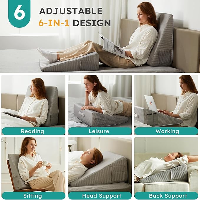 Bedluxe Wedge Pillow,10 inch Bed Wedge Pillow for Headboard, Pillow Wedge for Acid Reflux Relief, Sleeping, After Surgery, Snoring, Gerd, Triangle Pillow Wedge - Cooling Memory Foam Top, Grey