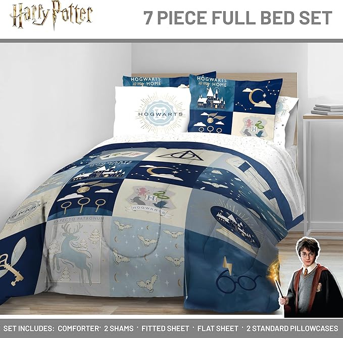 Jay Franco Kids Comforter Set Includes Sheets and Pillow Covers - Soft and Cozy Bed Set for Stylish Room Decor, Multi - Harry Potter, 7 Piece Full Size Bedding