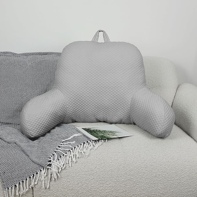 Reading Pillow, Silk Back Support Pillow for Bed Sitting Up, Large Bed Rest Pillow with Arms for Adults,Back Support Pillow for Couch and Chair, Grey