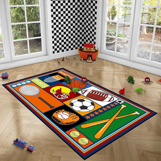 Sports Rugs for Boys Bedroom - 5'x7' Football & Soccer, Baseball, Basketball Rug for Boys Bedroom Decor Kids Carpet Soccer Carpet for Living Room Playroom Floor Mat Home Decor, 5x7 Feet