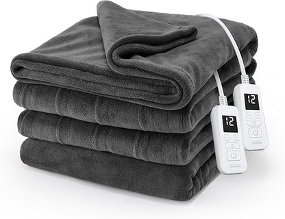 Sunbeam Electric Royal Luxe Microplush Heated Blanket, 12 Heat Settings, 12-Hour Auto Shut-Off, Fast Heating, Warm & Cozy, Machine Washable, Night Fog Color, Queen (90" x 84")