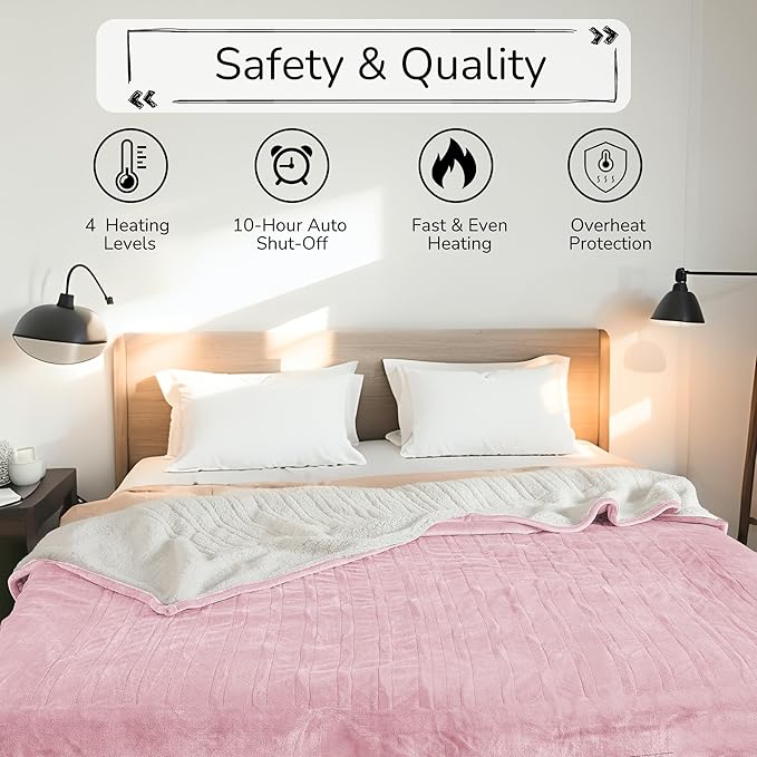 Electric Heated Blanket King Size 90"x100" - Dual-Sided with Microplush & Sherpa Fabric, 4 Heat Settings & 10 Hours Auto Off, Dual Controller, Machine Washable - Light Pink