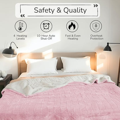 Electric Heated Blanket Queen Size 84"x90" - Dual-Sided with Microplush & Sherpa Fabric, 4 Heat Settings & 10 Hours Auto Off, Dual Controller, Machine Washable - Light Pink