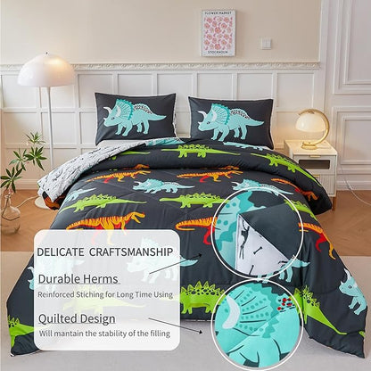 RYNGHIPY Dinosaur Bedding Set - Twin Size Kids Comforter Set for Boys & Girls - Soft, Breathable, Cute Dinosaur Bed Set for All Season (Black, Twin)