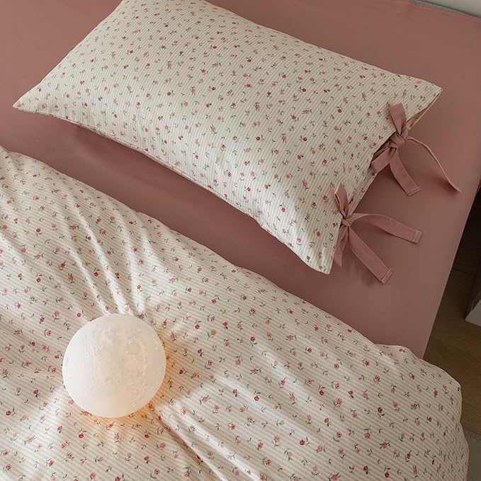 AOJIM Floral Print Bedding Duvet Cover Full Size, Soft Cotton Comforter Cover Set 3pcs for All Seasons, 1 Skin-friendly Duvet Cover 80x90'' with Zipper Closure and 2 Pillowcases with Bowknot, No Duvet