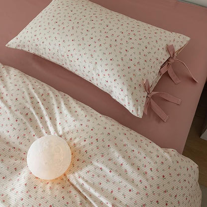 AOJIM Floral Print Bedding Duvet Cover Full Size, Soft Cotton Comforter Cover Set 3pcs for All Seasons, 1 Skin-friendly Duvet Cover 80x90'' with Zipper Closure and 2 Pillowcases with Bowknot, No Duvet