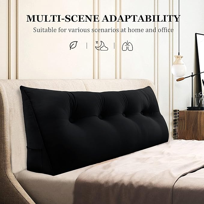 10 lbs Thickened Wedge Pillow Headboard Body Positioner Bed Wedge Pillow Backrest Support Triangular Headboard Cushion with Side Pocket Gift for Mom Velvet Positioning Support Black Full