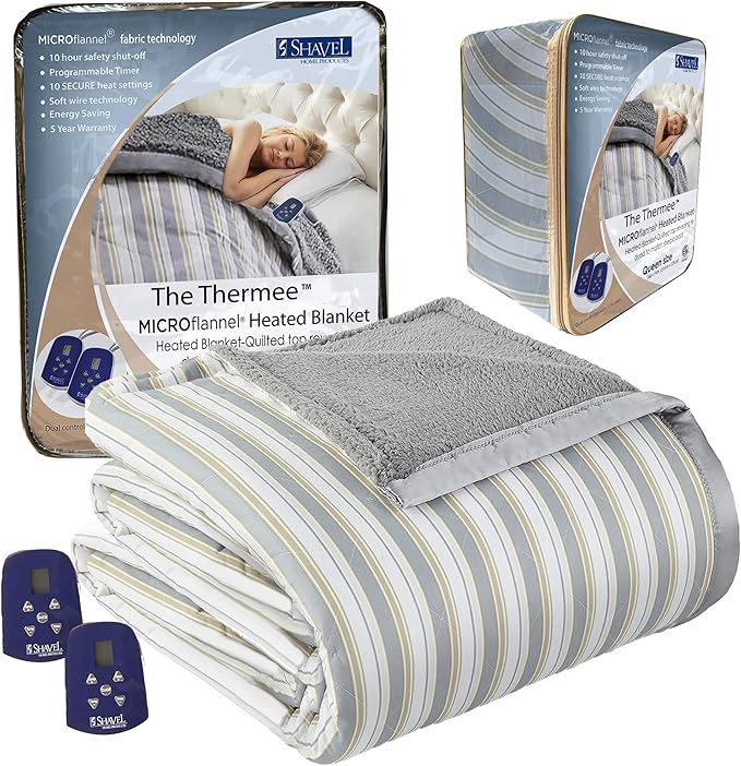 Thermee Micro Flannel Heated Blanket with Sherpa Back, 10-Setting Electric Blanket Queen Size, Programmable Heating Blanket, Ultra-Soft Heated Throw Blanket, Fast Heating Thermal Blanket-City Stripe
