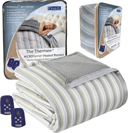 Thermee Micro Flannel Heated Blanket with Sherpa Back, 10-Setting Electric Blanket Queen Size, Programmable Heating Blanket, Ultra-Soft Heated Throw Blanket, Fast Heating Thermal Blanket-City Stripe