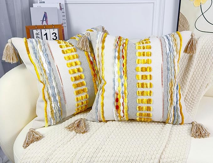 Boho Throw Pillow Covers 18x18 Aesthetic Neutral Boucle Couch Pillow Cover Rainbow Striped Decorative Accent Pillow Case for Couch Bed Sofa Farmhouse,Modern Funky,Set of 2 Yellow-Grey