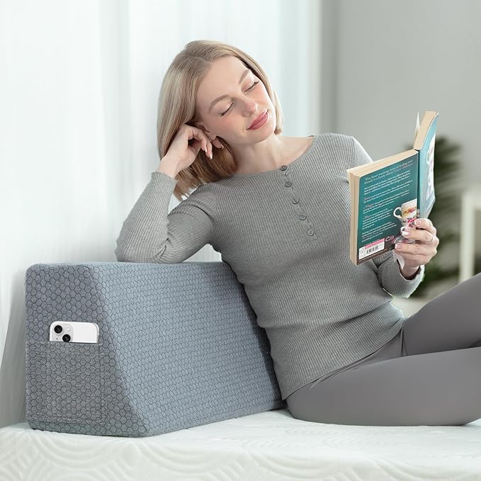 Wedge Bolster Pillow - Ergonomic Memory Foam Reading & Gaming Pillow for Back, Neck, Hip Pain Relief - Removable Washable Cover for Bed, Couch, Floor, Gray King Size(76"x9"x12")