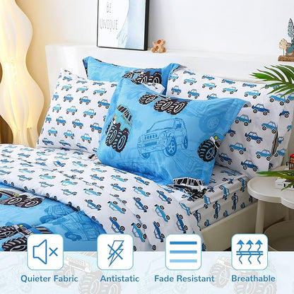Mooreeke Kids Full Comforter Sets for Boys 8 Pieces Truck Blue Bedding Set for Teens Soft Microfiber Kids Bed in A Bag with Comforter, Sheet Set, Shams and Decorative Toy Pillow All Season