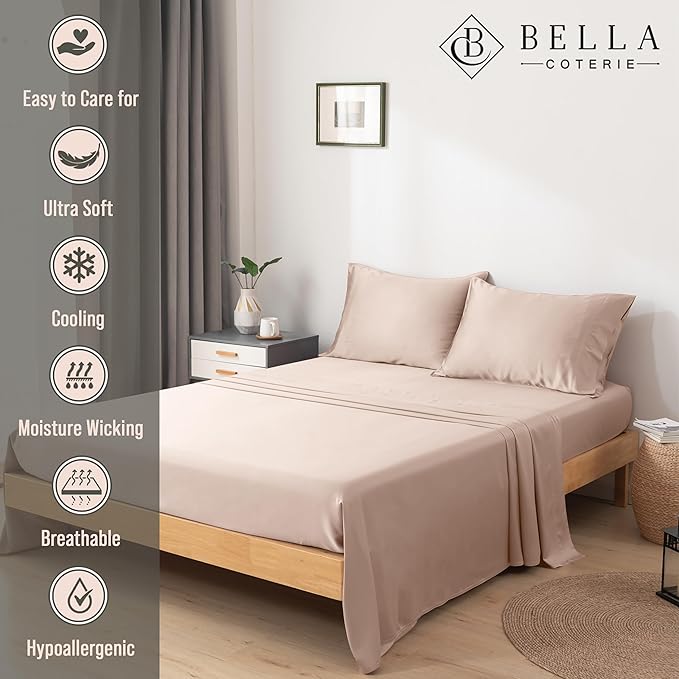 Bella Coterie Luxury Bamboo Viscose Twin XL Size Sheet Set | 100% Organically Grown | Ultra Soft | Cooling for Hot Sleepers | 18" Deep Pocket [Dusty Rose]