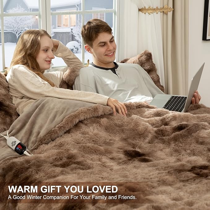 Faux Fur Queen Size Heated Blanket 84"X90" - Bubble Faux Fur Electric Blanket Fluffy Soft Fuzzy with 6 Heating Levels & 10 hrs Timer Settings, Washable & ETL Certified for Bed, Tie-Dye Brown