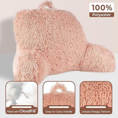 Klear Vu Shaggy Reading Pillow Back Rest Body Pillow for Adults and Kids, Lumbar and Arm Support on Bed, Chair, Couch, Sofa and Floor, 30" x 21", One Size, Apricot Sherbert