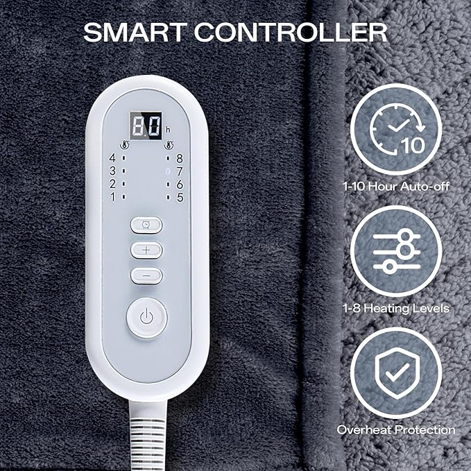 Heated Blanket Twin, Electric Blanket Soft Sherpa Flannel, 10 Hours Auto Shut-off & 8 Fast Heating Levels, Machine Washable ETL Certified, Heating Blanket for Bed & Sofa (62x84 inches, Gray)