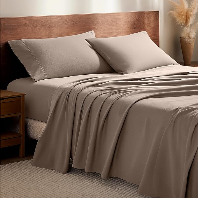 Bare Home Flannel Sheet Set 100% Cotton, Velvety Soft Heavyweight - Double Brushed Flannel - Deep Pocket (Twin, Taupe)