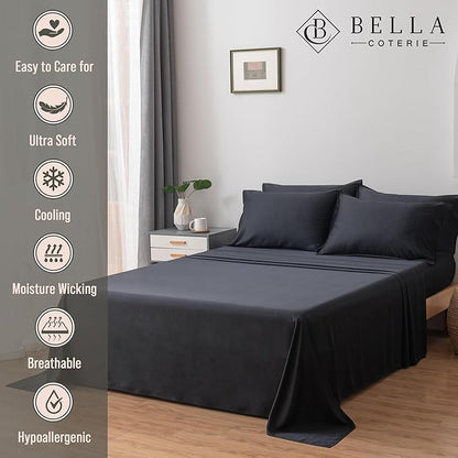 Bella Coterie 6 Piece Luxury Bamboo Viscose King Size Sheet Set | 100% Organically Grown | Cooling for Hot Sleepers | 18" Deep Pocket | Soft & Hypoallergenic | 4 Pillowcases [Black]