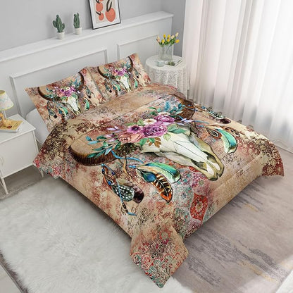 Kids Comforter Set Tribal Bull Head Printed Pattern Bedding Set with 1 Comforter and 2 Pillowcases for Girls Boys Bedroom All Season(Tribal Bull Head Queen)