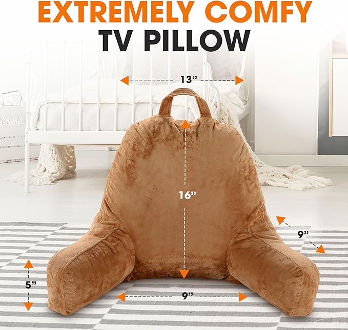 Cheer Collection Reading Pillow with Arms – Portable Bed Pillow for Sitting Up & Support, Foam-Filled Back Rest Pillow for Sitting in Bed & Couch, Machine Washable, Brown