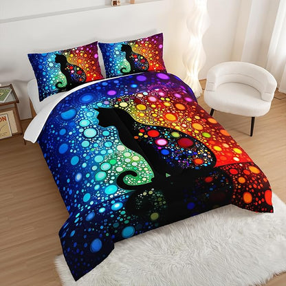 Black Cats Comforter King Bedding Sets for Girls,Colorful Abstract Dots Bed Set for Kids Boys Teens Toddler Room Decor,Bohemian Style Art Aesthetics Comforter Sets with 2 Pillowcases.