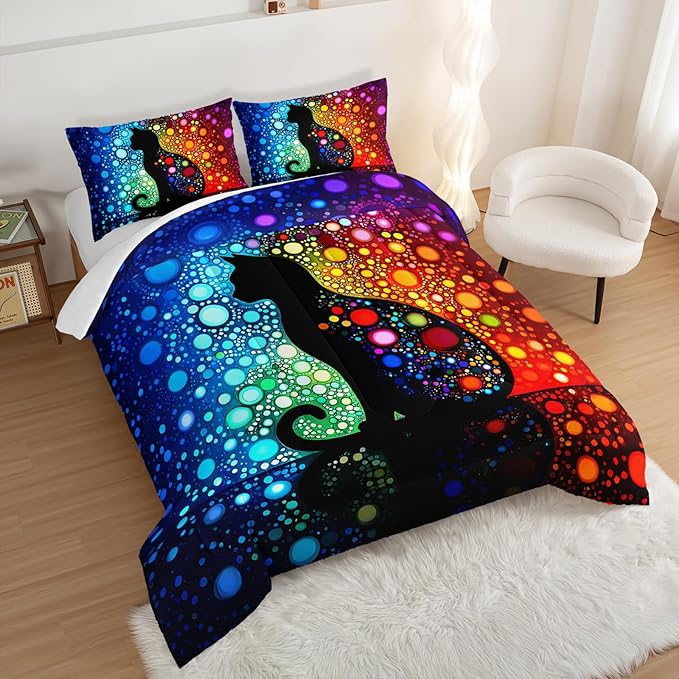 Black Cats Comforter Full Bedding Sets for Girls,Colorful Abstract Dots Bed Set for Kids Boys Teens Toddler Room Decor,Bohemian Style Art Aesthetics Comforter Sets with 2 Pillowcases.