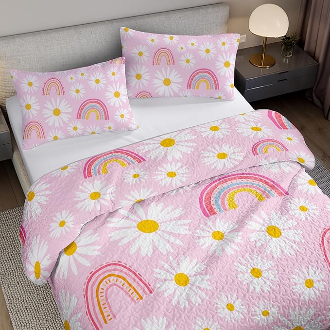 QOOMO Rainbow Quilt Set King Size,Daisy Bedspread Coverlet Set,Pink 3Pcs Bedding Set Printed Quilt with 2 Pillowcases,Soft and Lightweight,for All Seasons