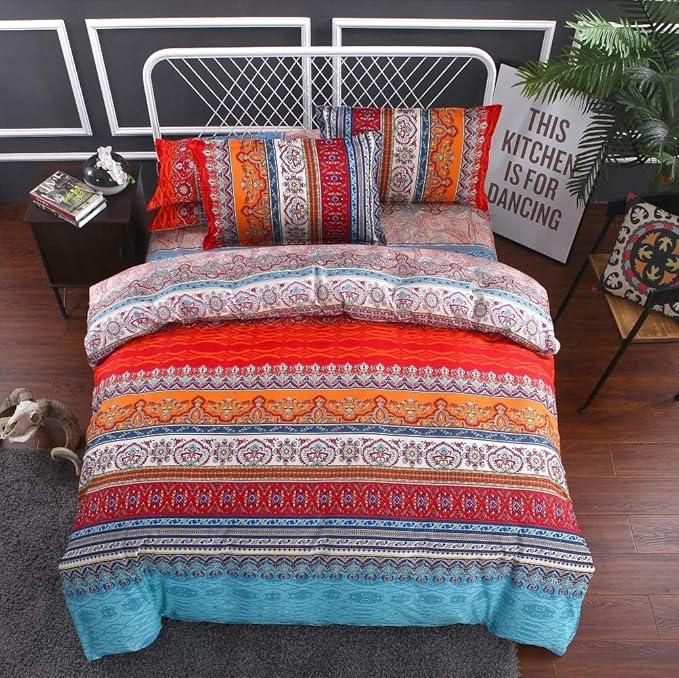 Jane yre Boho Queen Duvet Cover Brushed Microfiber 3 Pieces Bedding Set Bohemian Colorful Retro with Zipper Closure, Durable Easy Care (NO Comforter)