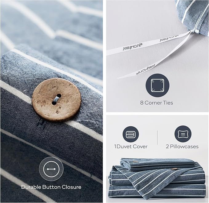 JELLYMONI Cotton Duvet Cover Oversized Queen Size - Blue Pinstriped Comforter Cover with Button 100% Washed Cotton 3PCS Breathable Soft Solid Bedding Set Duvet Cover 98×98in & 2 Pillowcases