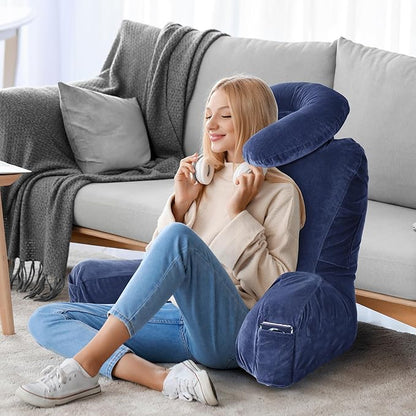 Rengue 31" Large Ergonomic Bed Rest Pillow, Reading Pillow with Arms Detachable Neck Roll Reading Pillow with Pockets for Sitting in Bed Couch (Blue)