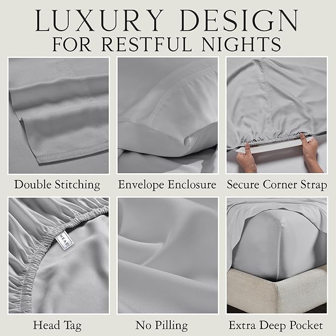KARISSA MAE Cooling Bamboo Viscose Split King Sheet Set | 100% Organically Grown | 18” Deep Pocket | Silky, Soft, & Hypoallergenic | with Organizer Band & Elastic Corner Straps [Grey Mist]