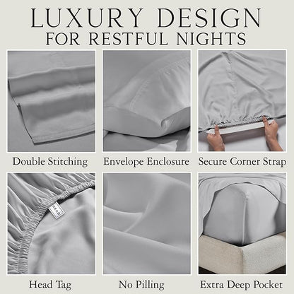 KARISSA MAE Cooling Bamboo Viscose Split King Sheet Set | 100% Organically Grown | 18” Deep Pocket | Silky, Soft, & Hypoallergenic | with Organizer Band & Elastic Corner Straps [Grey Mist]
