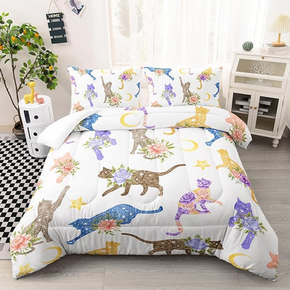 Flowers Cat Bedding Queen Cartoon Stars Moon Comforter 3 Pieces Colored Cute Cats Comforter Set for Teens Kids Boys Girls Adults Kawaii Cat Quilt with 1 Comforter and 2 Pillowcases