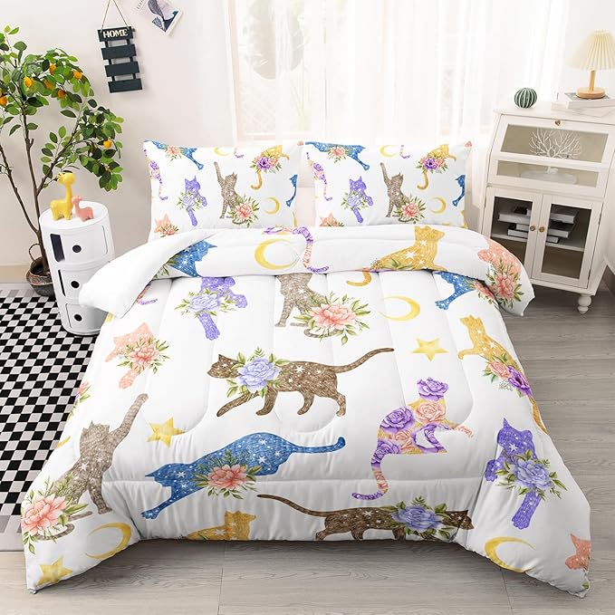Flowers Cat Bedding Twin Cartoon Stars Moon Comforter 3 Pieces Colored Cute Cats Comforter Set for Teens Kids Boys Girls Adults Kawaii Cat Quilt with 1 Comforter and 2 Pillowcases