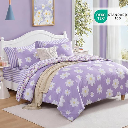 Queen Comforter Sets for Girls, Purple Daisy Kids Bedding Set Reversible with Cute Floral, All Season Bed in a Bag 7 Pieces with Sheets, Pillowcases & Shams