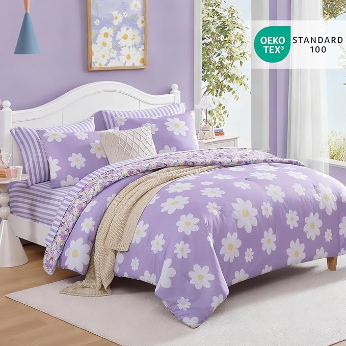 Twin XL Comforter Set for Girls, Purple Daisy Kids Bedding Set Reversible with Cute Floral, All Season Bed in a Bag Dorm 5 Pieces with Sheets, Pillowcase & Sham