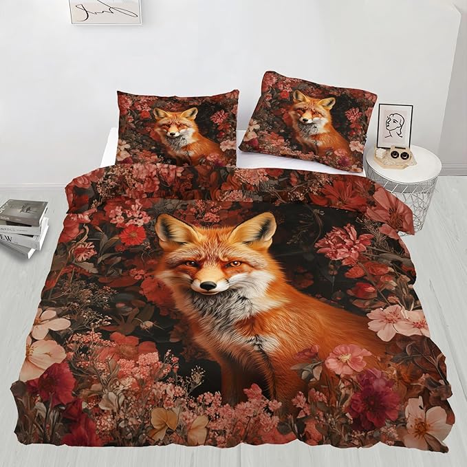 Fox Print Duvet Cover Queen Size, Colorful Flowers Fox Bedding Set 3 Piece Bedroom Decor Vintage Animal Floral Comforter Cover and 2 Pillow Sham with Zipper Closure