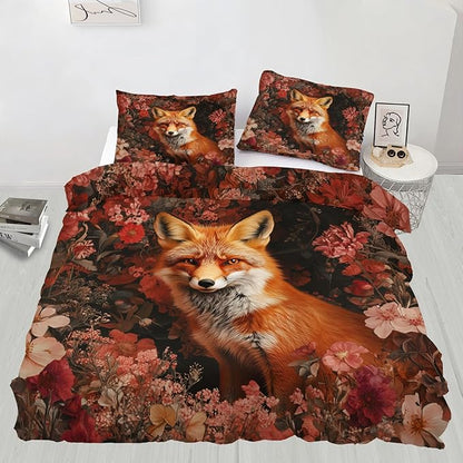 Fox Print Duvet Cover Queen Size, Colorful Flowers Fox Bedding Set 3 Piece Bedroom Decor Vintage Animal Floral Comforter Cover and 2 Pillow Sham with Zipper Closure