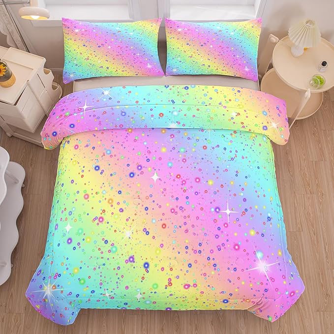 MWMWMW 5 Pcs Rainbow Comforter Set Full, Full Size Bedding Set for Girls, Kids Comforter Set for Girls with 1 Comforter, 1 Flat Sheet, 1 Fitted Sheet and 2 Pillowcases