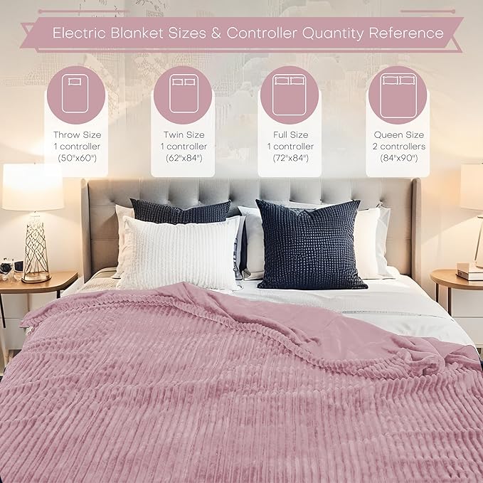 Electric Heated Blanket 62"x84" Twin Size with Cozy Flannel, 6 Heat Settings & 10 Hours Auto Off, Soft & Cozy Warming Throw for Home, Office, or Bed, Machine Washable, Pink