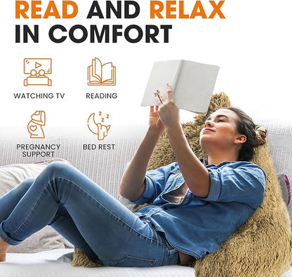 Cheer Collection Fluffy Reading Pillow Chair - Shaggy Hair Chair Pillow with Arms for Bed & Couch, Gold