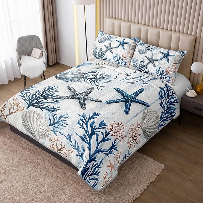 Starfish Coastal Bedding Quilt Sets Queen Size,Summer Shell Blue Coral Nautical Bedding Quilt with 2 Pillowcases,Beach Themed Soft Lightweight Quilted Set.