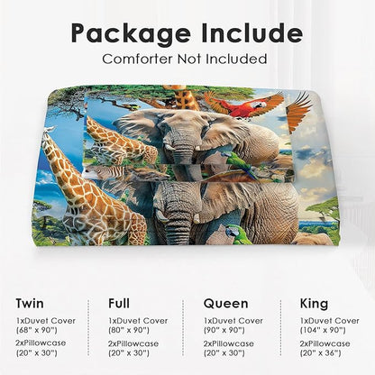Funny Animals Bedding Set 3 Pieces Soft Lightweight Microfiber Zoo Print Bedspread Coverlet Set Jungle Elephant Giraffe Duvet Cover Twin Full Queen King Comforter Bed Set for Girls Boy Women Men