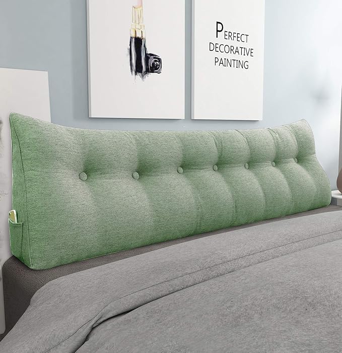 Wedge Headboard Pillow Dorm Room Reading Pillow Back Support for Sitting Up in Bed Bolster Lumbar Cushion Body Positioning Bedrest Cotton Linen 76in Grass Green King