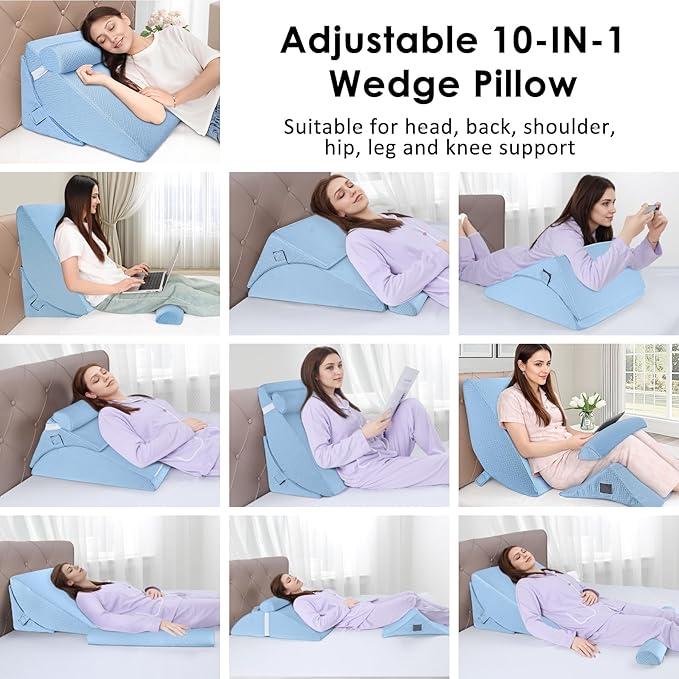 Bed Wedge Pillow for Sleeping, 3PCS Wedge Pillow Set for After Surgery, Adjustable 7 &12 inch Pillow Wedges for Acid Reflux Relief, Back Pain Relief, Sleep Apnea, Sitting Up, Headboard (Light Blue)