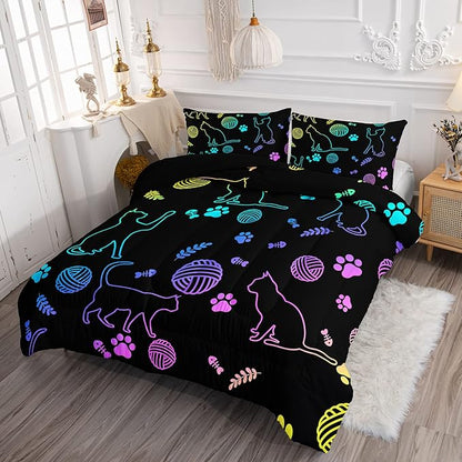 Black Cat Bedding Cartoon Cat Comforter Set Full,Neon Cat Paw Ball of Yarn Printed Kids Bedding for Cat Lover Boys Girls Adults Room Decor,Kids Comforter,1 Quilt 2 Pillow Cases,Neon Color Purple Blue