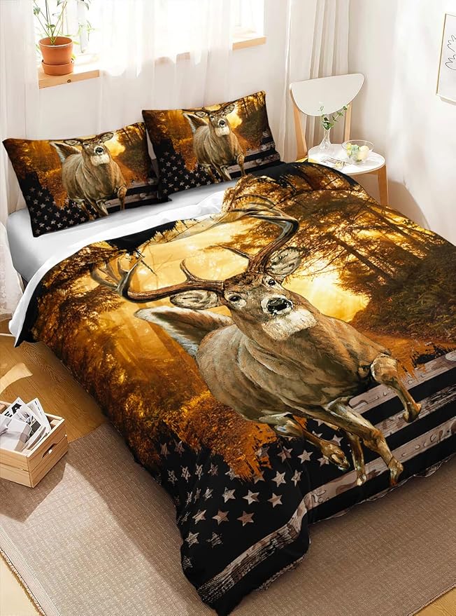 CVHOUSE Deer Hunting Duvet Cover Full Size,American Flag Bedding Set,Deer Theme Comforter for Boys Kids Teens,1 2 Pillowcases 3 Piece Full 79'x89'