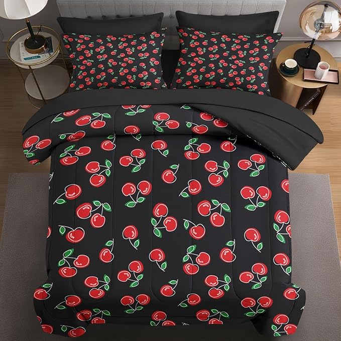 Nesker 7 Pcs Comforter Set Queen Size, Red and Black Bedding for Kids Teen, Cherry Fruit Bed Sheet with Pillowcase & Sham
