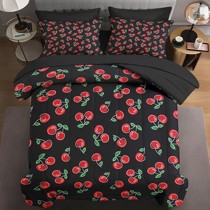 Nesker 7 Pcs Comforter Set Queen Size, Red and Black Bedding for Kids Teen, Cherry Fruit Bed Sheet with Pillowcase & Sham